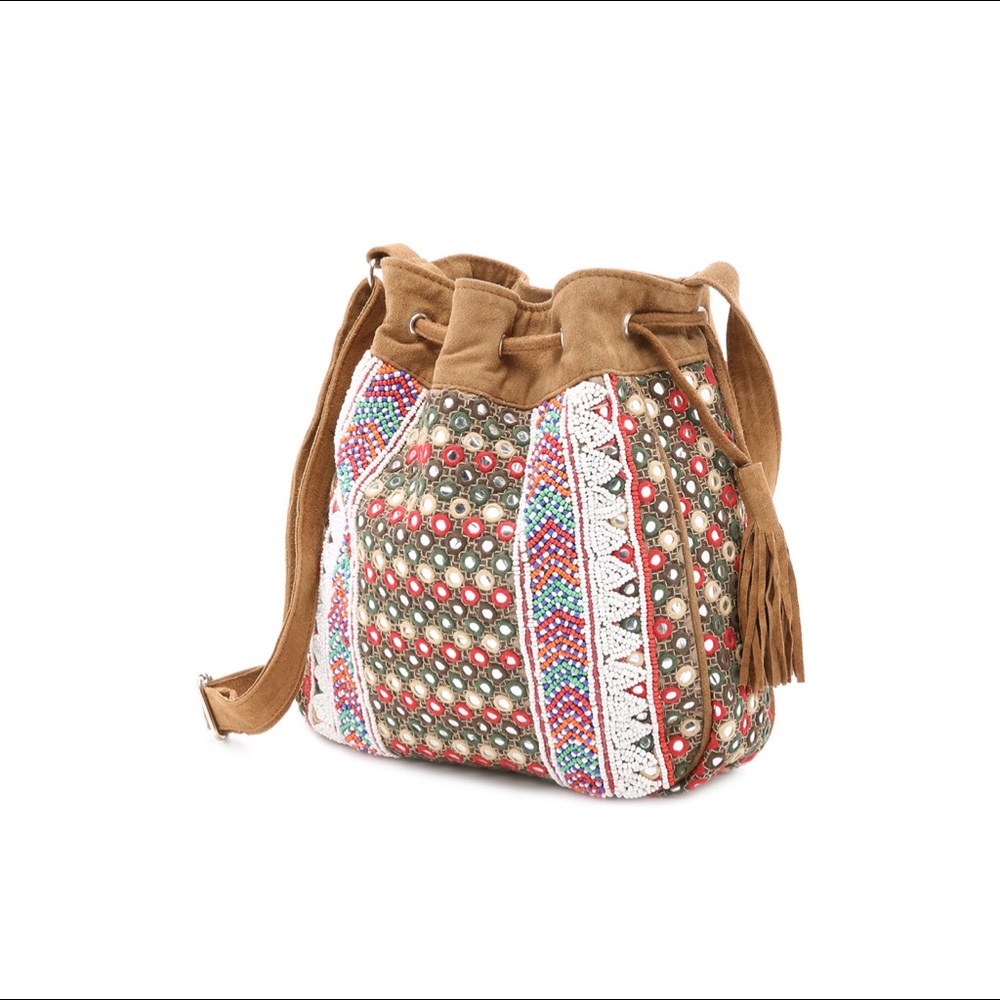 Anthropologie Shashi Beaded Suede Bucket Bag